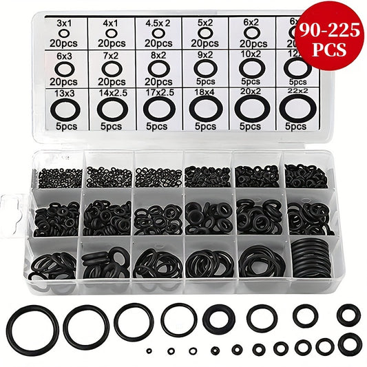 Rubber O-Ring Assortment Kit with 18 sizes, ideal for car repairs, plumbing, and air & gas connections.