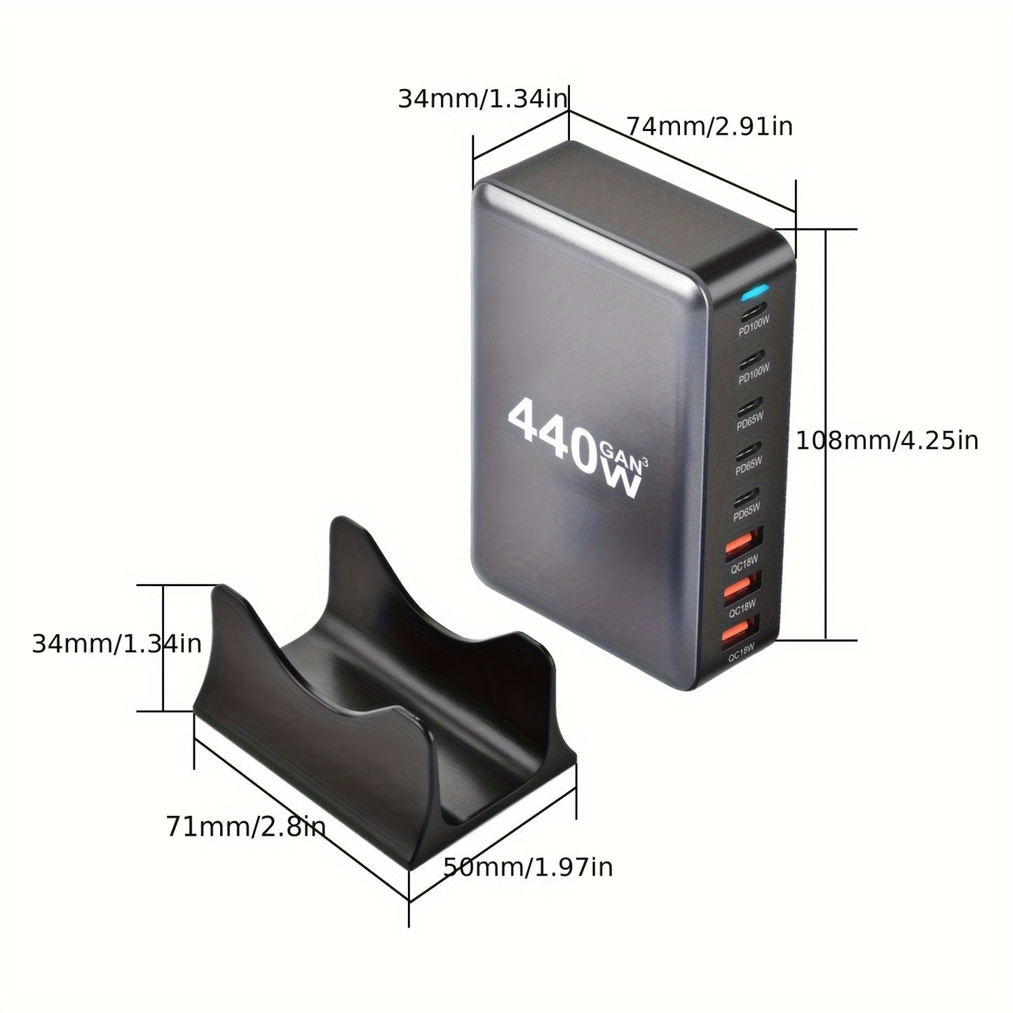 440W USB C адаптер питания с 8-портовым зарядным хабом, Gan III PD 100W зарядное устройство для ноутбуков, совместимое с различными устройствами. Подходит для путешествий и нескольких устройств, включает 3 USB A и 5 USB C.