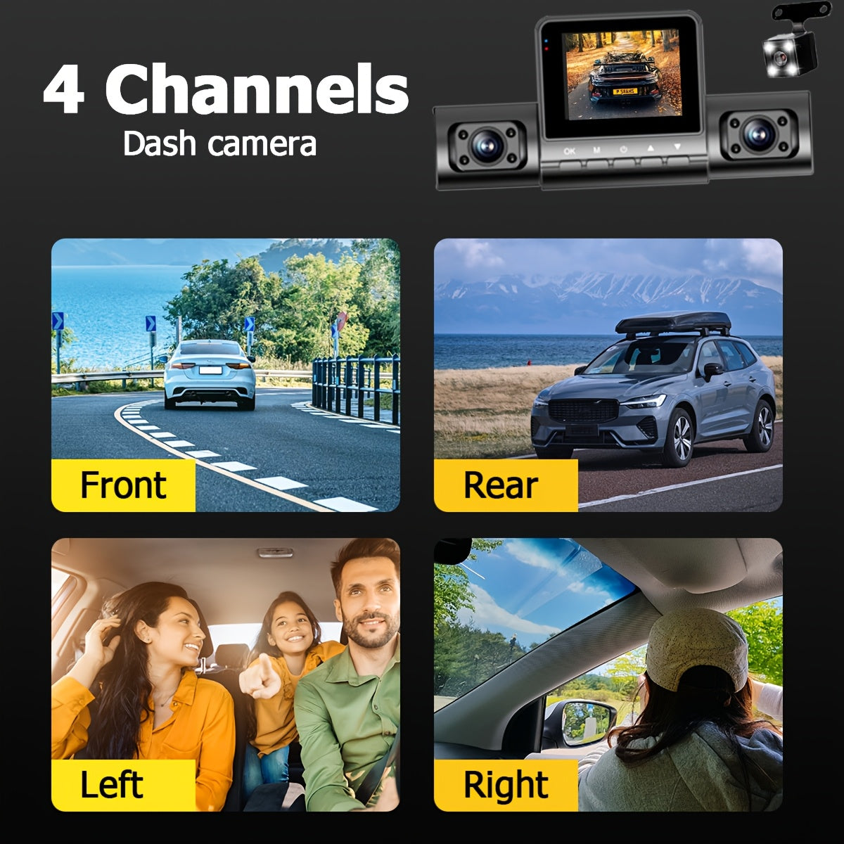 1pc 4 Channel 1080P HD Dash Cam with Night Vision, LED Display, and Front/Left/Right/Rear Recording for Drivers Side.