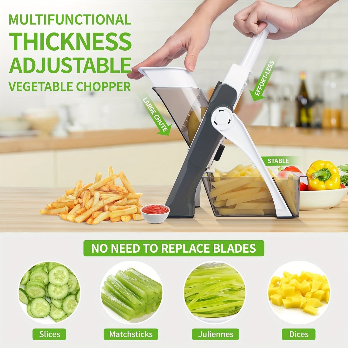 Multi-Functional 5-in-1 Vegetable Chopper: Slice, Dice, Julienne, and Cut Potatoes with Adjustable Thickness (0.1-8mm) in Gray for Quick and Easy Meal Preparation in the Kitchen