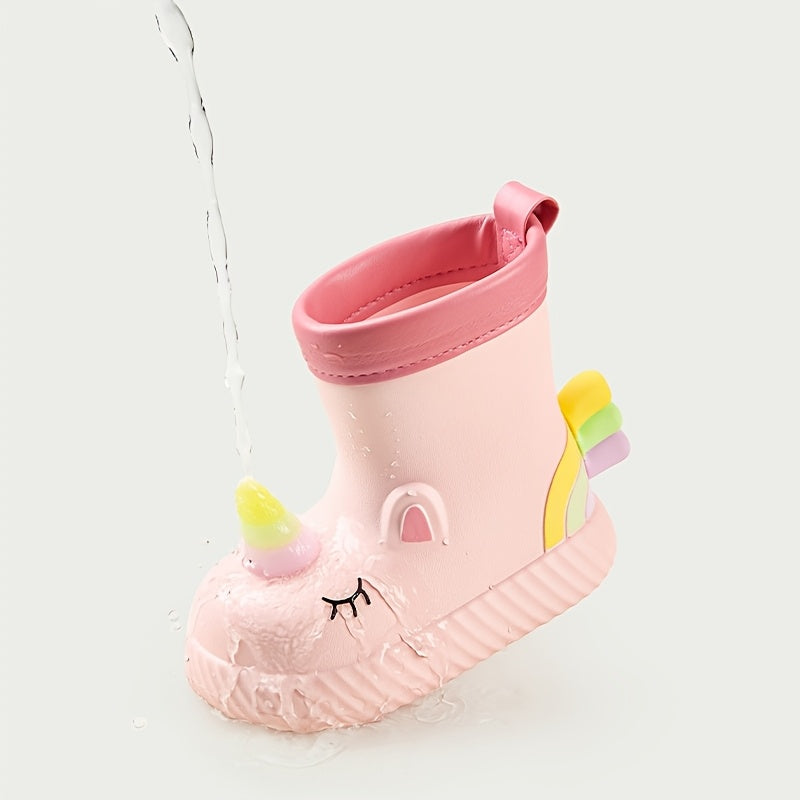 Waterproof Unicorn Cartoon Rain Boots for girls in Pink & White, ideal for outdoor play and school in fall/winter. Made from comfortable EVA material with non-slip soles.