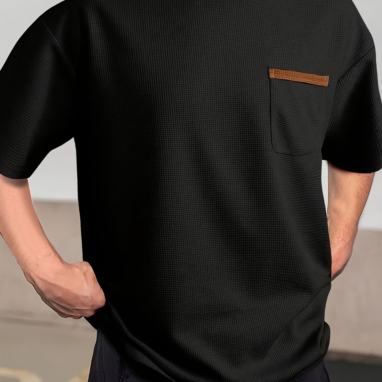 Men's Solid Color Casual Tee made of soft polyester, crew neck, short sleeve with chest pocket, machine washable, perfect for spring/summer/fall.