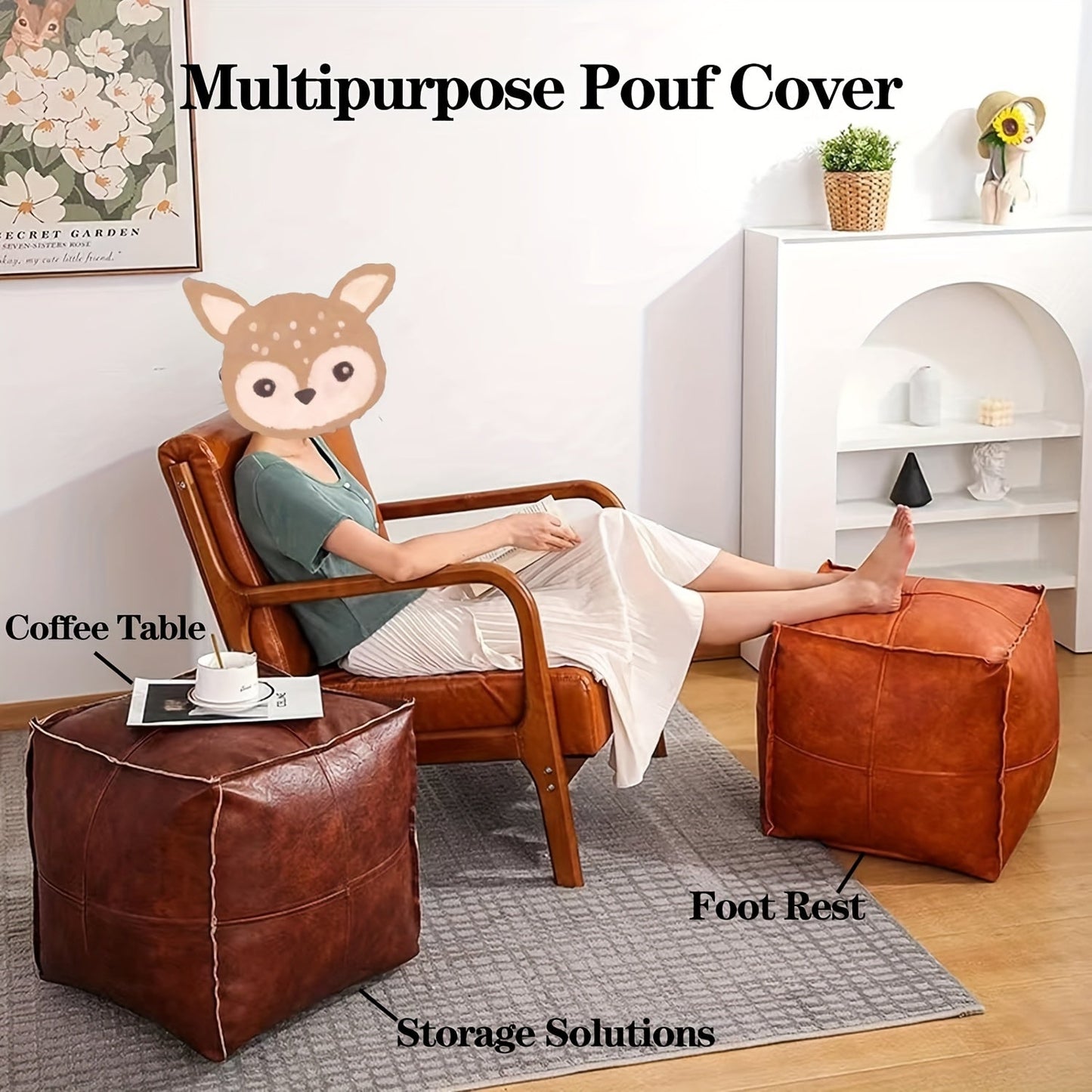 Moroccan Style Waterproof & Scratch-Resistant Faux PU Leather Pouf Ottoman Cover, 44.96cm, Unstuffed, Perfect for Living Room, Balcony, Office, Outdoor, Great Christmas Decor Gift