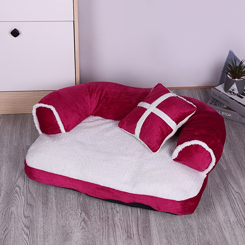 Winter warm pet sofa bed with removable and washable cushion made of comfortable polyester fiber for all seasons. Suitable for small to large dogs and cats. No assembly required.