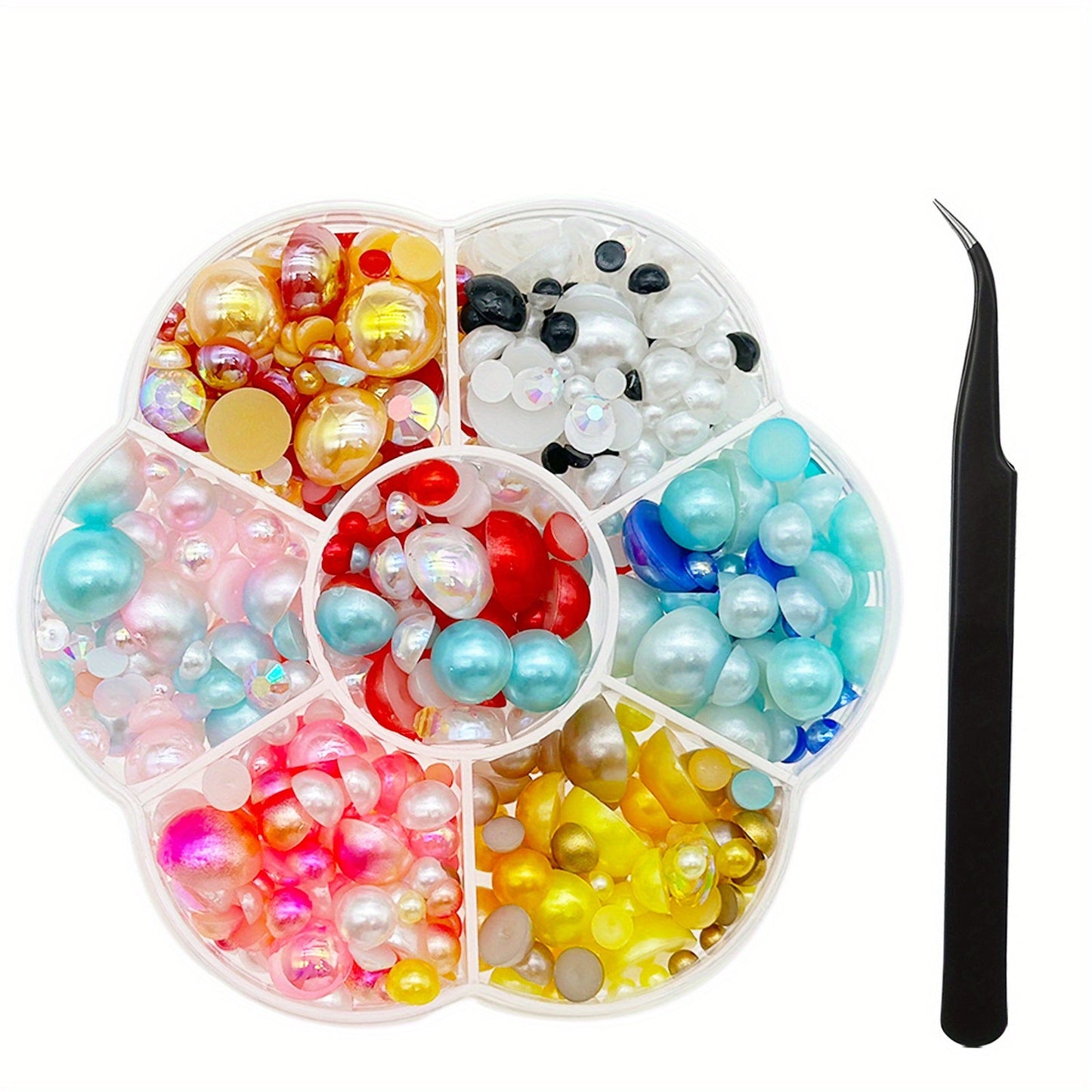 Crafters can get their hands on 3600 pieces of white half round resin pearls for various creative uses. These flat bottom pearls are perfect for nail art, makeup, and jewelry making. The set comes with multiple sizes ranging from 3mm to 9mm, along with