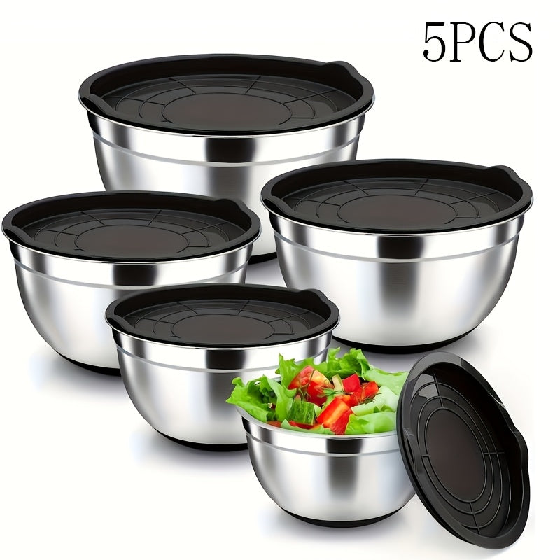 5pcs Stainless Steel Nesting Bowls Set - Versatile kitchen mixing bowls with airtight lids, perfect for baking, serving, fruits, vegetables, and holiday kitchen prep. Oven safe and ideal for Christmas, Halloween, Easter, Hanukkah, and Thanksgiving.