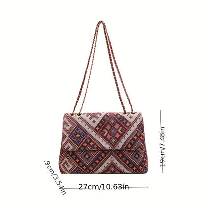 Colorful geometric shoulder bag for women with adjustable strap, magnetic closure, foldable ethnic style, and polyester lining.