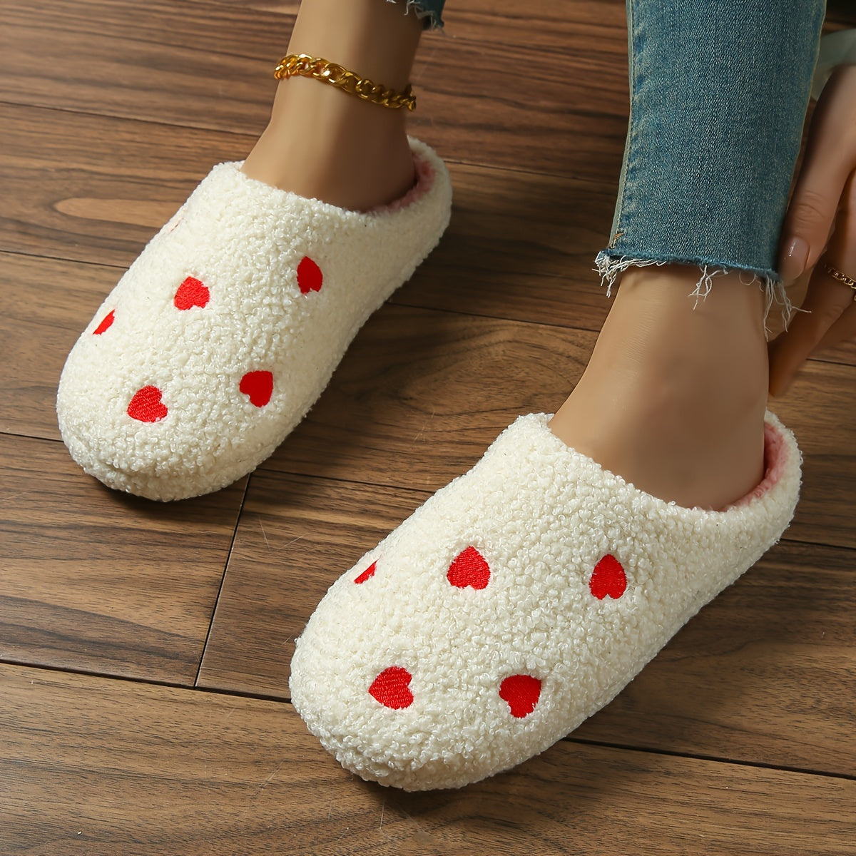 Stylish heart embroidered slippers, cozy and warm with low heel, perfect for indoor wear in all seasons.