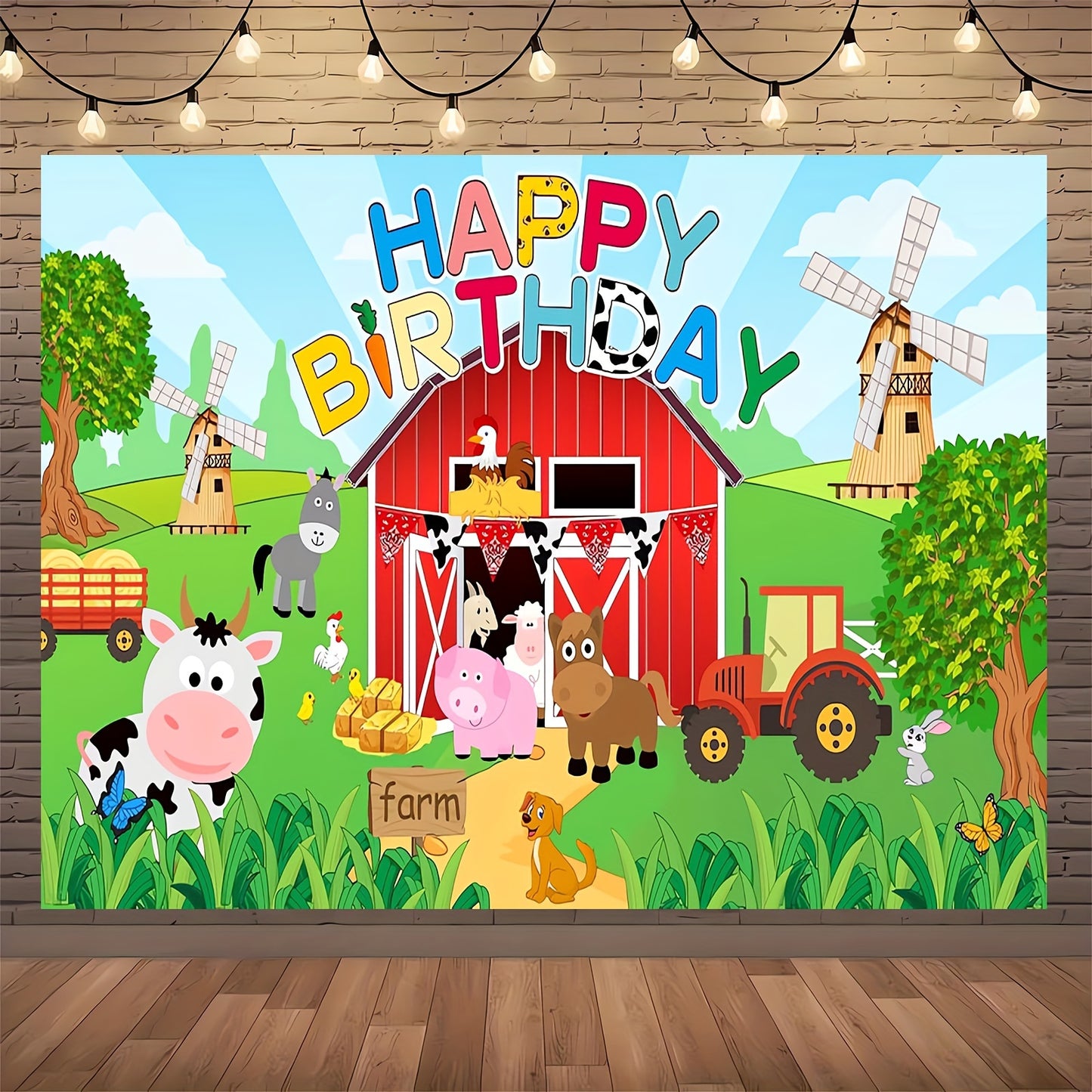 Large farm animal birthday party backdrop for kids' celebrations, 129.54x149.86cm (70.8x90.5") polyester photo background