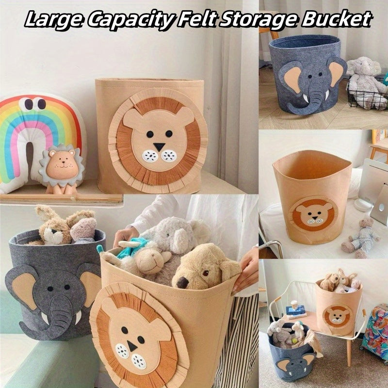 Large capacity 1-piece felt storage basket with cartoon animal design, made of polyester unfinished fabric. This foldable organizer is perfect for storing toys, clothes, and shoes. It can be used as a multi-purpose laundry bin in the home, bedroom, dorm