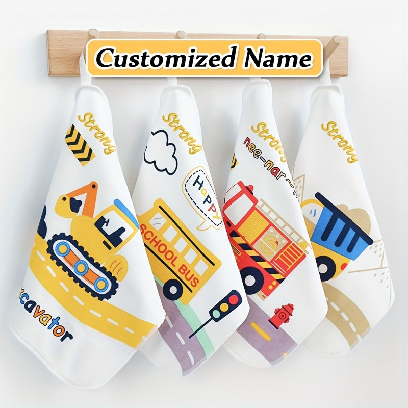 Exclusive gift of 4 customized bibs made from soft knit fabric with a double-layer design, personalized with a name. These gentle face wipes also double as saliva towels.