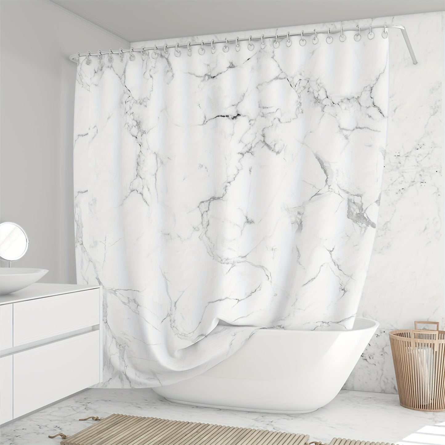 1pc Marble Pattern Shower Curtain in Light Grey Striped White, Waterproof with Plastic Hooks. Machine washable, suitable for home and hotel bathrooms.