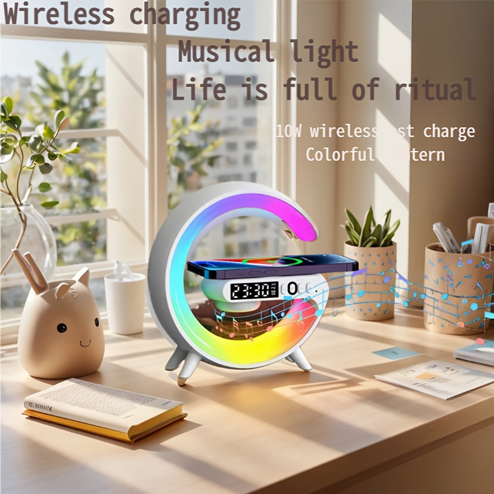 White Noise Smart Alarm Clock with Wireless Charging, Speaker, and Ambient Lamp with USB Port.