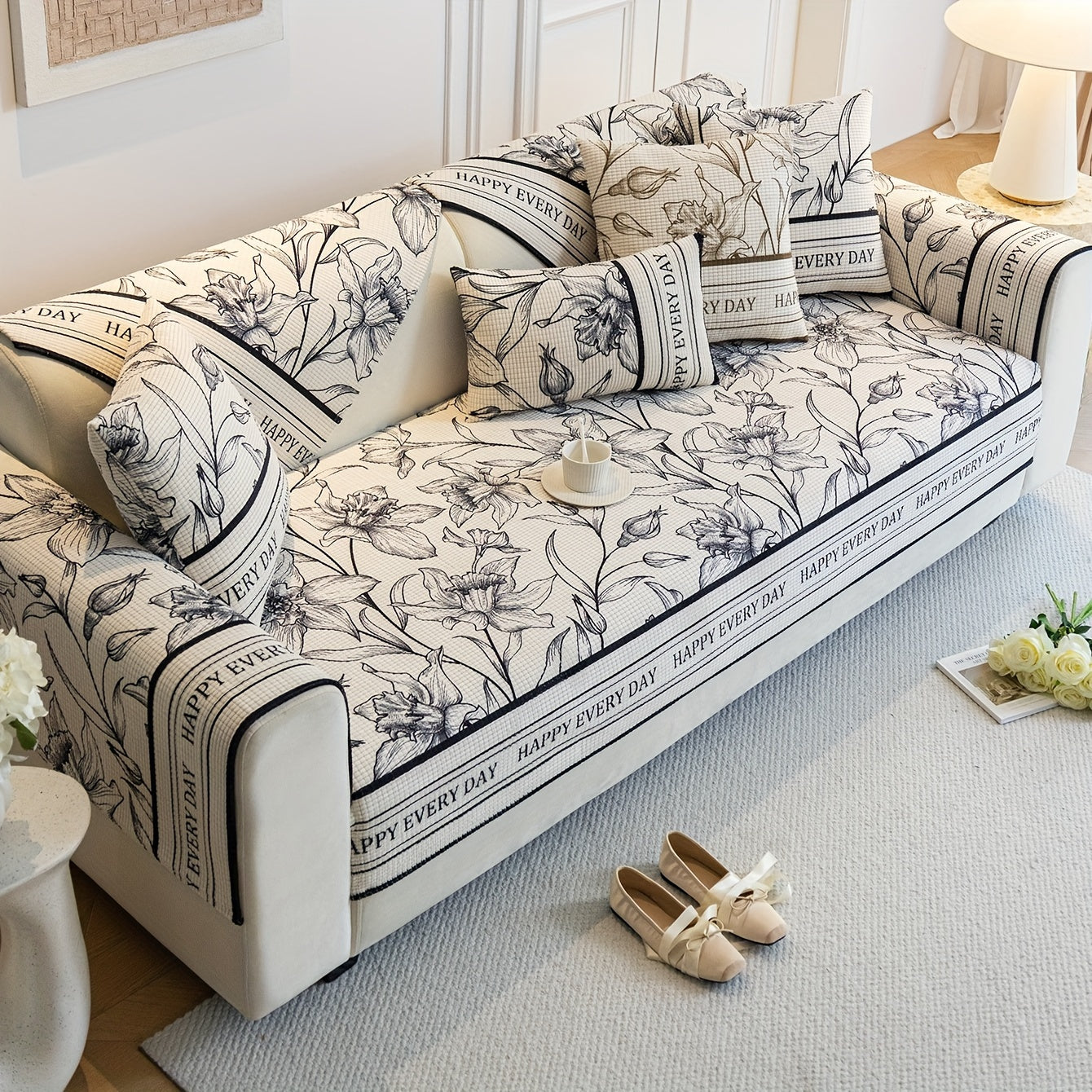 French vintage sofa cover with pet-friendly, machine washable, short plush jacquard design suitable for all seasons.