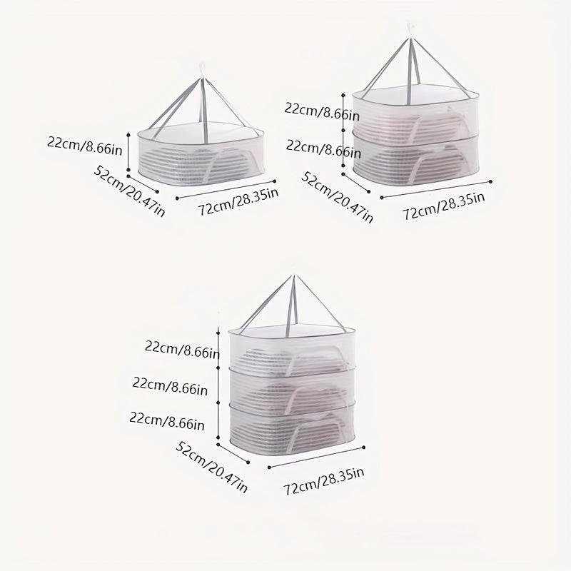 Foldable fish drying rack with non-toxic polyester mesh, suitable for shrimp, fish, fruits, vegetables, and herbs. Features a zipper fly cage for hanging drying. Ideal for outdoor storage.