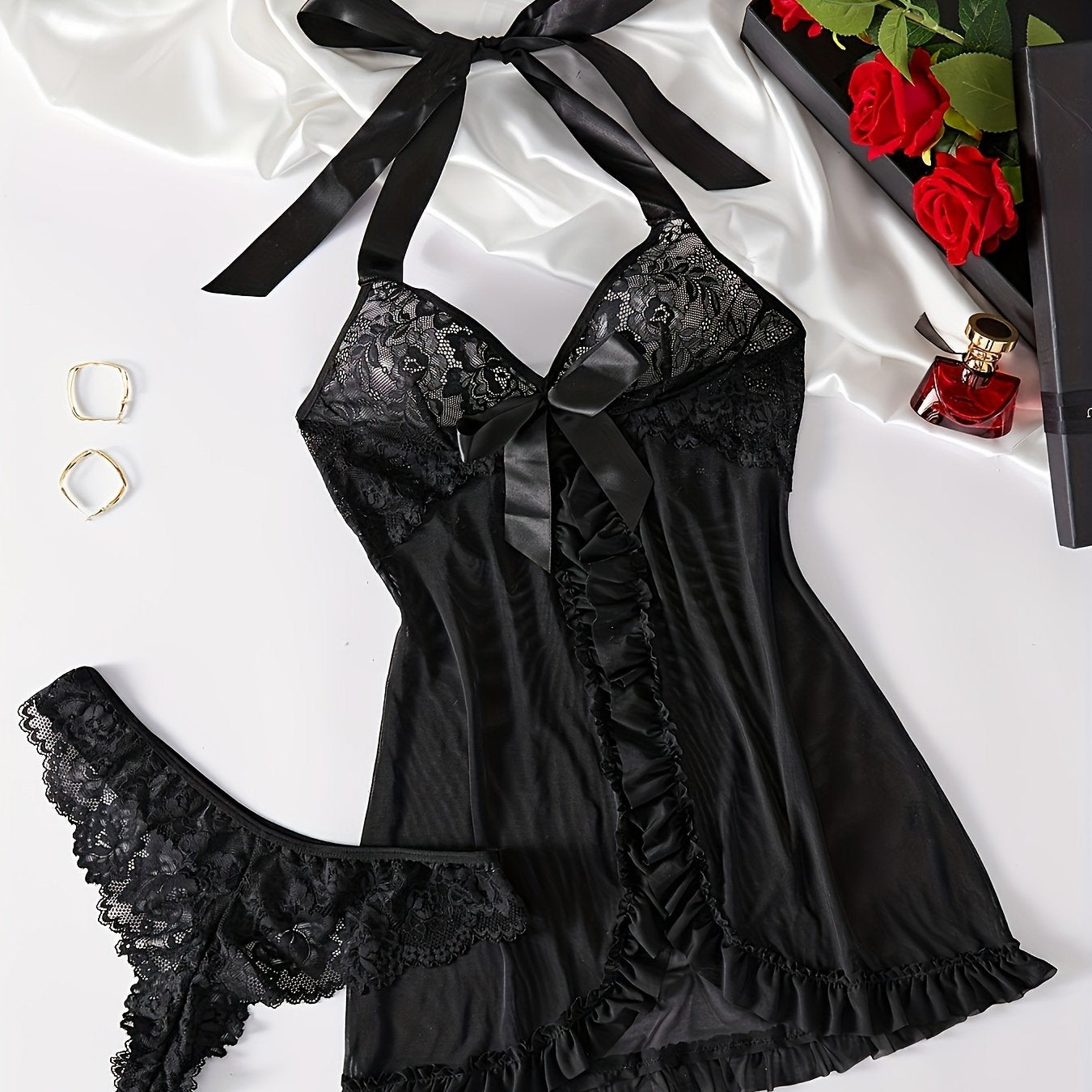 Halter tie lace lingerie set with ruffled bow detail, deep v slip dress and thong.