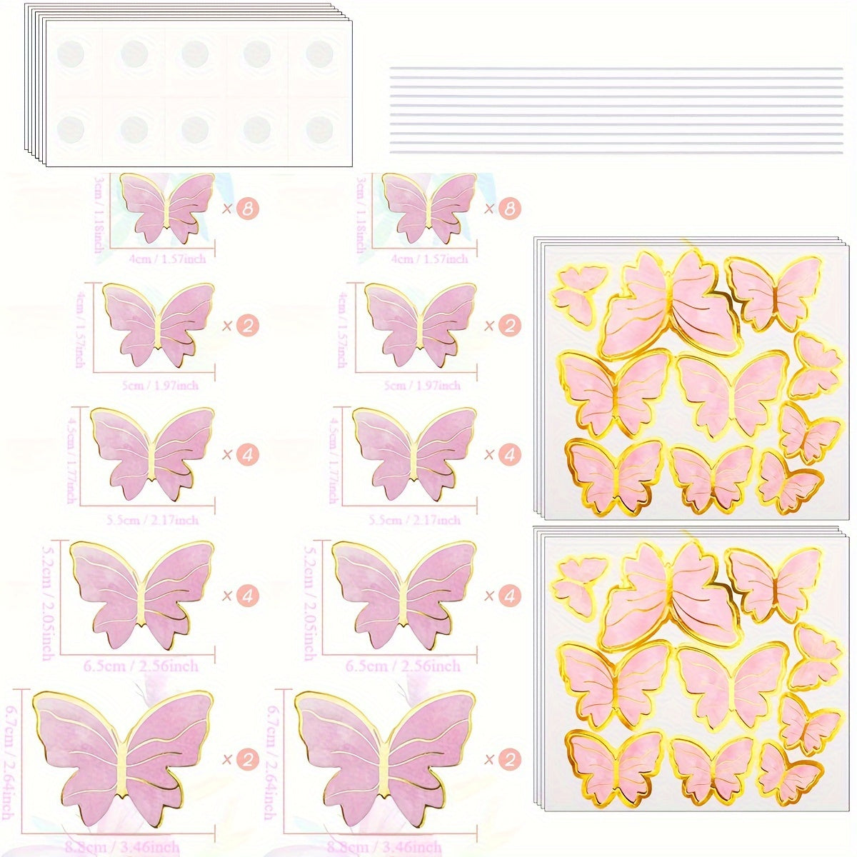 40 pieces of butterfly cake decorations, including 3D cupcake and wall decorations in pink and purple for birthdays, anniversaries, and parties.