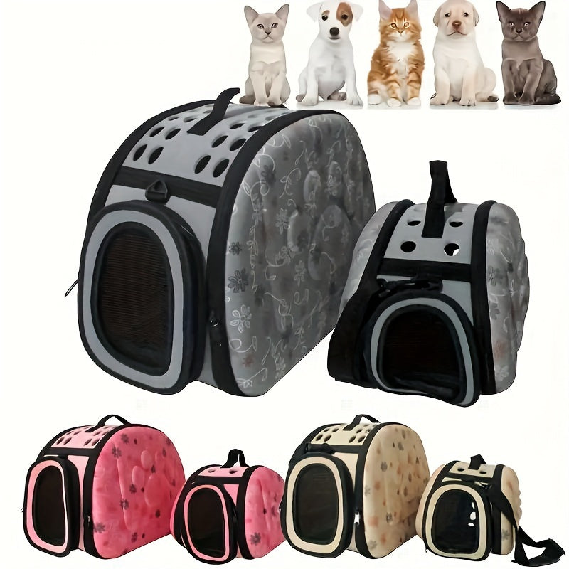 Portable, foldable cat carrier with breathable design and durable shell, ideal for outdoor adventures.