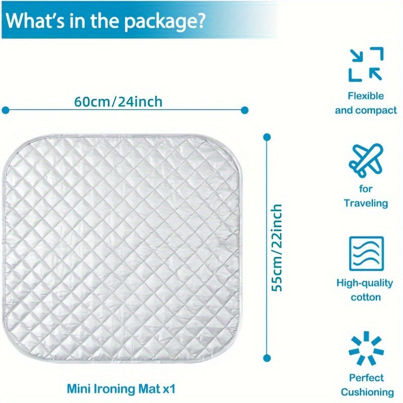 Portable Ironing Pad measuring 60.96*55.88 cm, versatile for use as an Ironing Board or Blanket. Features double-sided heat resistance, lightweight, and foldable design for easy transport. Ideal for use with washing machines, dryers, and desktops while