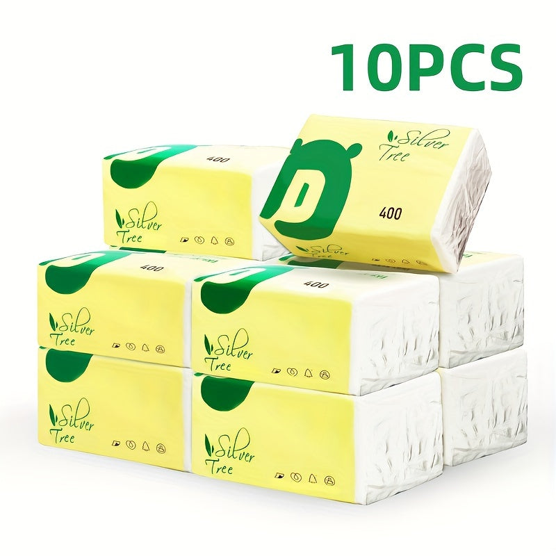 Silver Tree brings you a 10-pack of premium wood pulp paper towels. Each pack contains 400 towels, with 5 ply for added strength. Perfect for use at home, in the office, at parties, outdoors, and as part of your cleaning supplies.