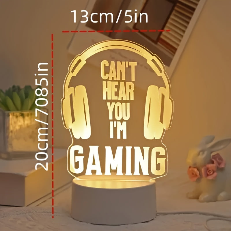 Modern USB-powered 3D gaming headset LED night light with striped design, ideal for desk and bedside decor - the perfect gift for gamers.