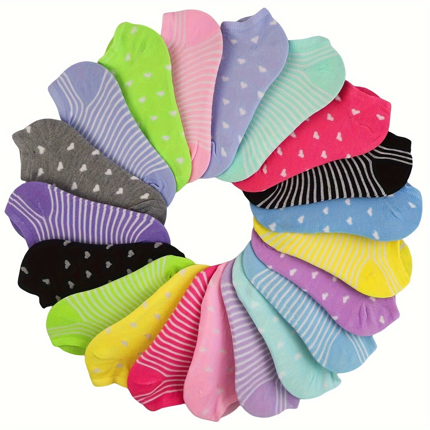 20 pairs of candy-colored, lightweight, and breathable low cut ankle socks for women.