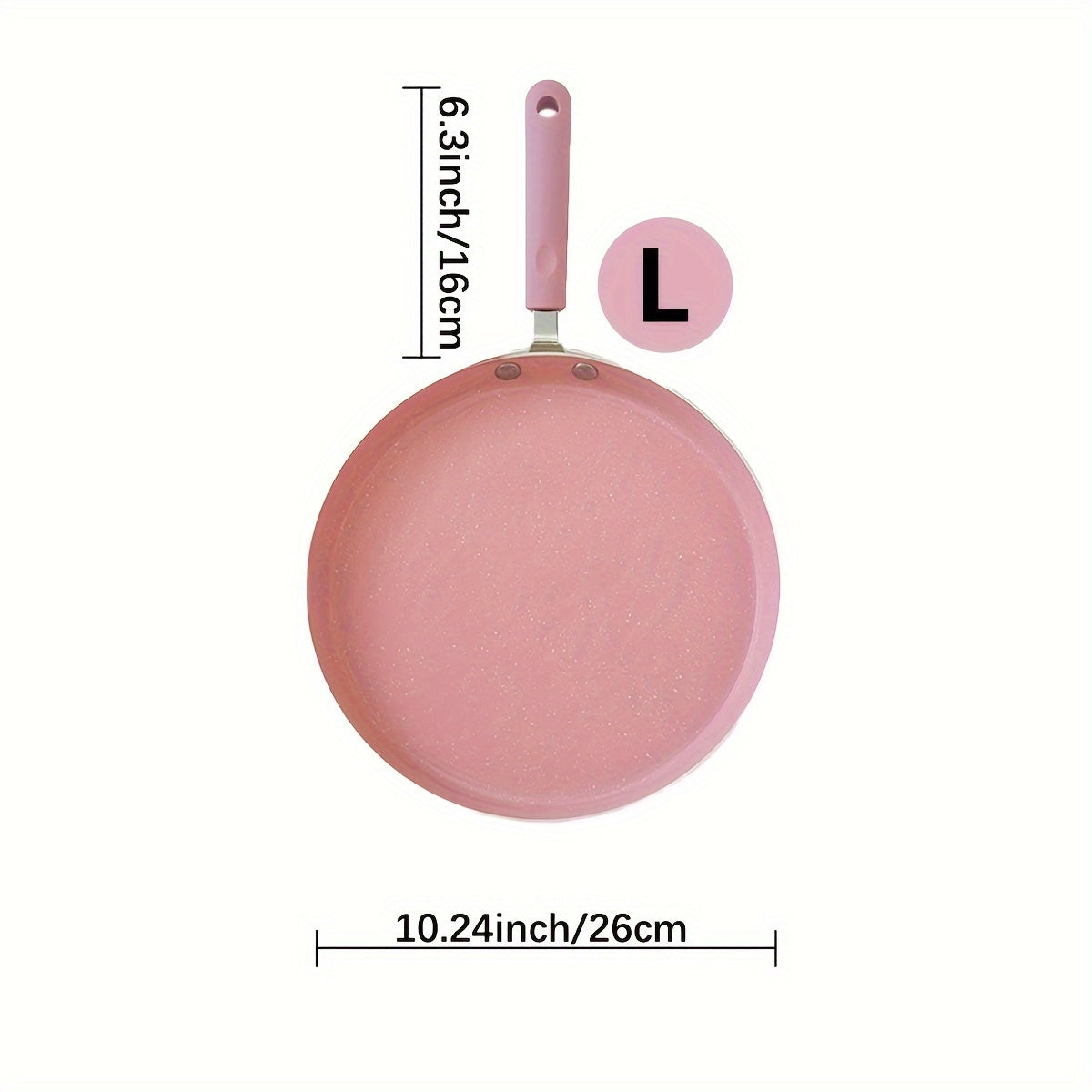 Non-stick aluminum frying pan with pink mica stone finish and wooden handle. Dishwasher safe and compatible with electric coil stoves. Perfect for cooking pancakes and eggs without the need for electricity.