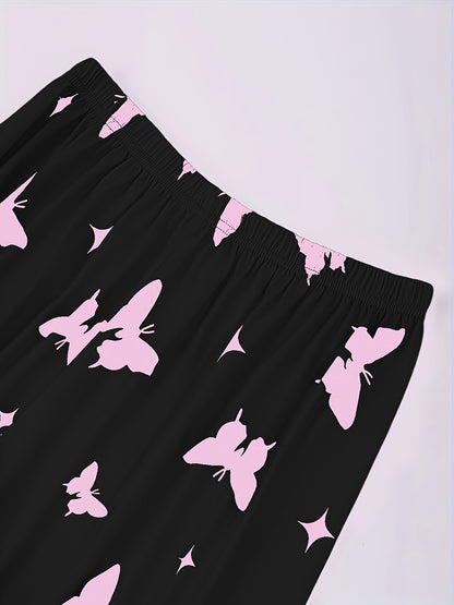 Short-sleeve top and shorts set with hearts, butterflies, and four-leaf clovers pattern, for sleepwear and loungewear.