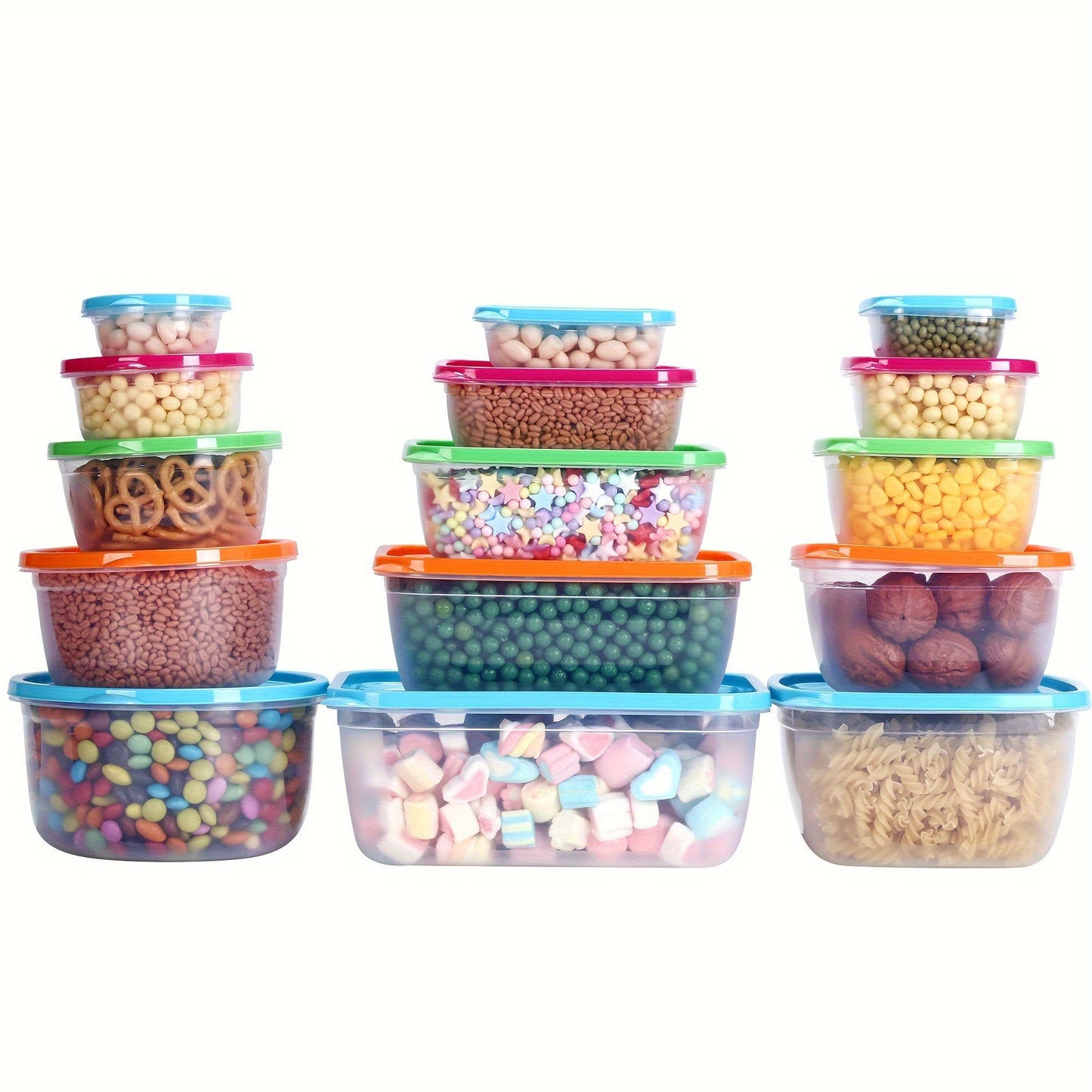 A collection of square and round plastic storage containers with airtight seals, perfect for keeping food organized in the refrigerator.