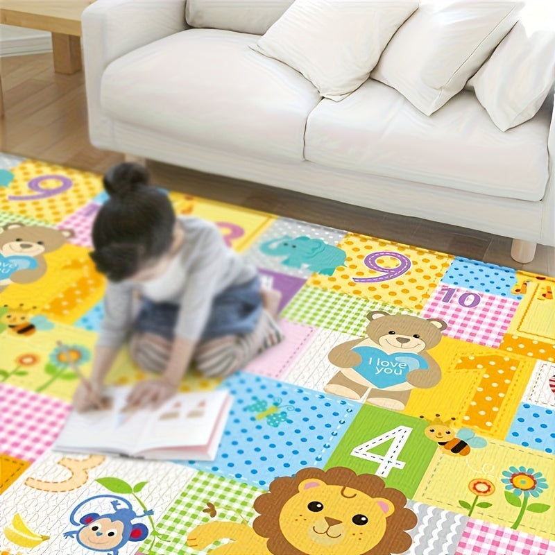 Thick foldable baby play mat with non-slip edging, educational design, and yellow color.