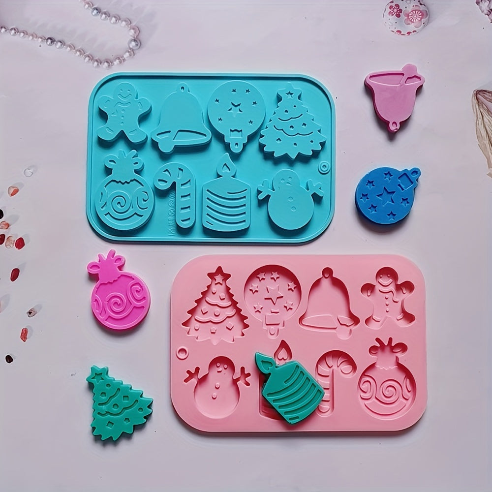 1 piece of Christmas Silicone Cookie Mold with 8 cavities, featuring shapes of Christmas tree, elk, bell, and snowman. This versatile mold can be used to make cakes, chocolates, biscuits, candies, jellies, and puddings. Perfect for creating festive