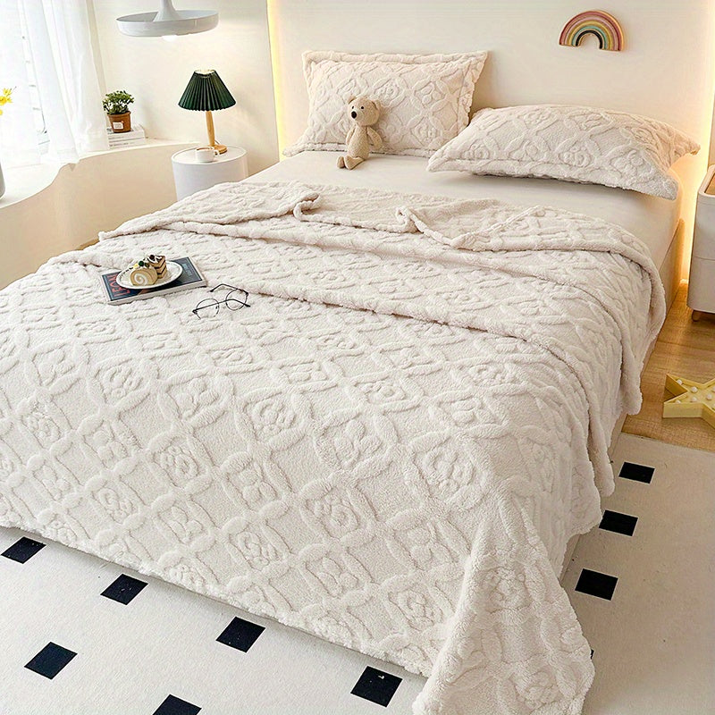 1pc, Fleece Three-Leaf Clover Embroidered Bed Blanket with Modern Style Polyester Fiber 3D Embroidery in White. Suitable for all seasons, machine washable, 250-300g fabric weight. Geometric