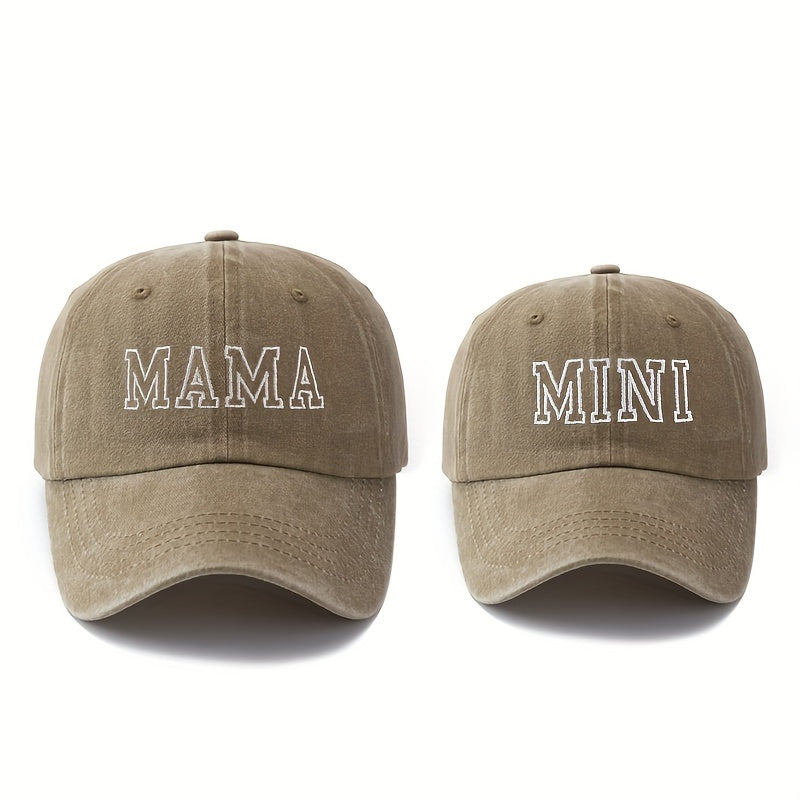 Set of 2 stylish baseball caps with high-quality embroidered letters "MAMA" and "MINI", curved brim design for outdoor activities, sun protection, and lightweight hip-hop style.