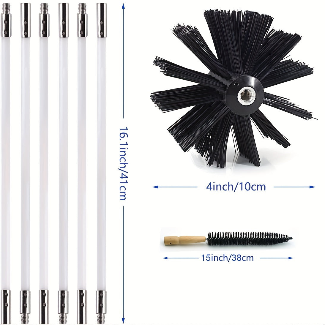 Chimney Brush Set includes 9 durable pieces, featuring an extended reach of 243.84cm and a 4-inch brush head. This reusable metal vent cleaning kit is equipped with soft nylon bristles and a wooden handle for corner cleaning. Also includes a drill