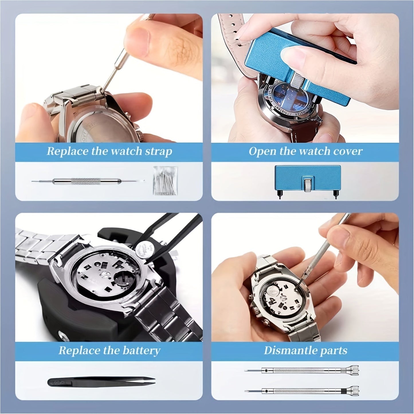 Tool kit for replacing watch batteries includes 26 pieces, including a back remover tool, case opener tool, case back opener tool, spring bar tweezers, and more. This kit is great for watch repair and makes an ideal gift choice.