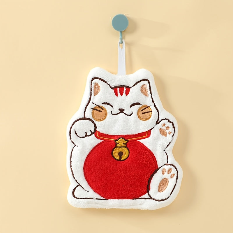 Cute Fortune Cat fingertip towel made of plush coral velvet, ideal for daily use in kitchen or bathroom, with hanging design.