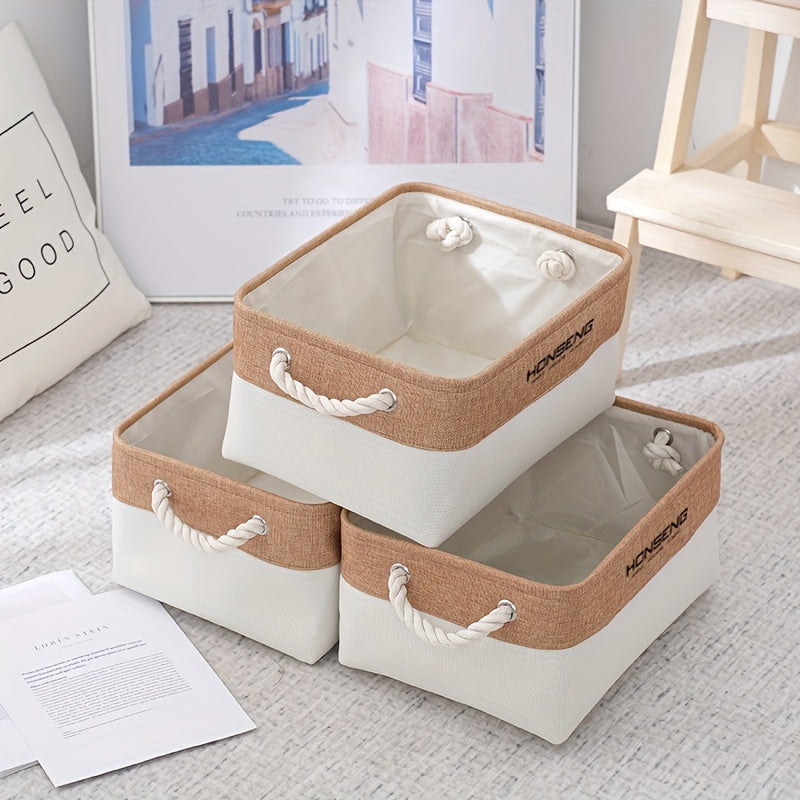 Set of 3 Large Linen Storage Baskets - Stylish Golden Organizers for Clothing, Books, Toys & Supplies - Ideal for Organizing Shelves