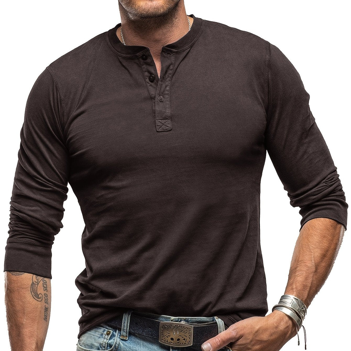 Amazon Men's Long Sleeve T-shirt, 100% Cotton Underwear, European and American Henley Shirt