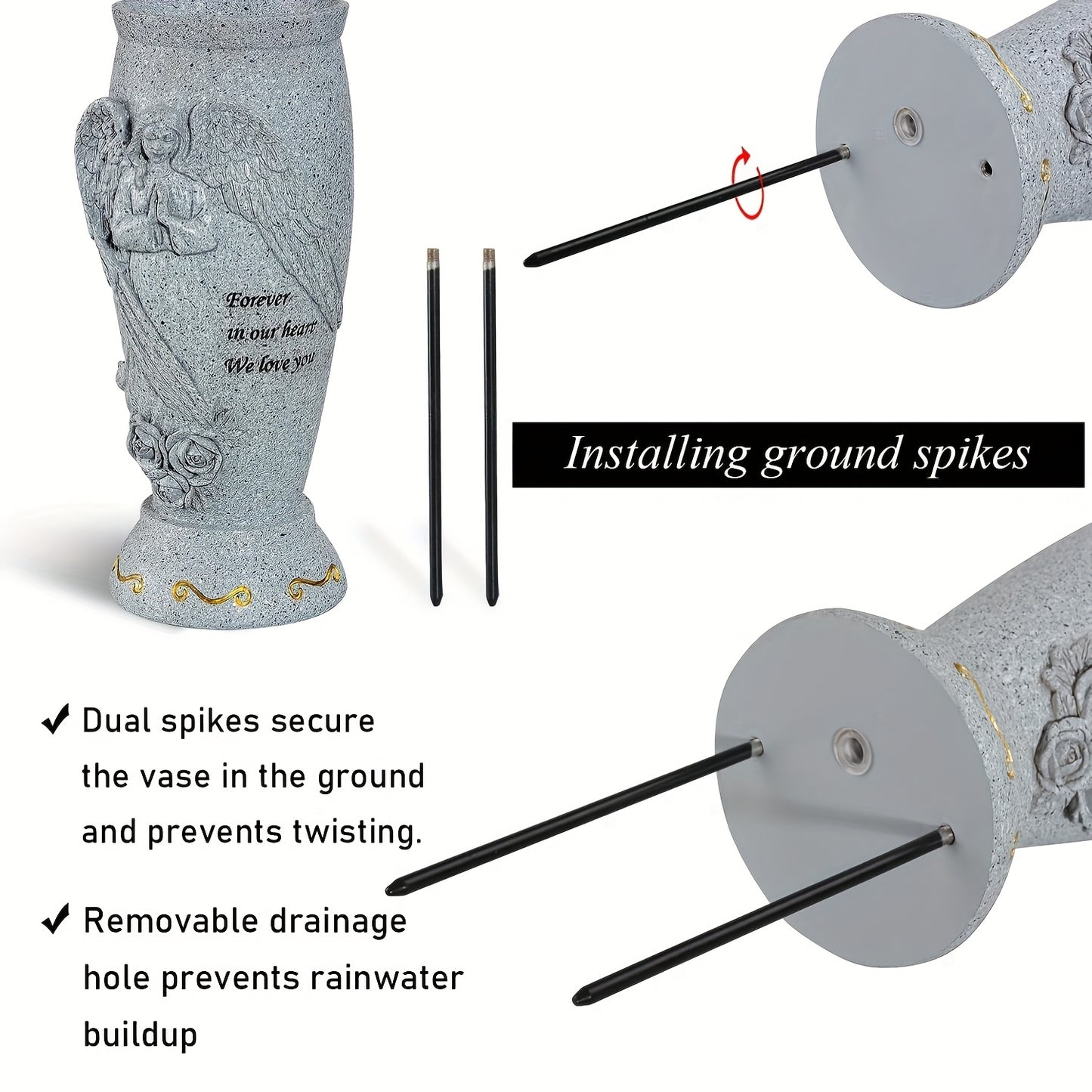 Elegant Angel Memorial Cemetery Vase with ground spikes for fresh or artificial flowers. Engraved with "Forever in Our Heart" design. Perfect sympathy gift for loved ones and Memorial Day