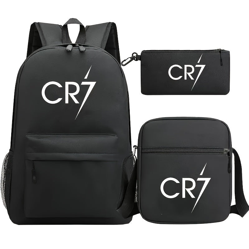 CR7 Star Print Polyester Backpack Set includes 3 pieces: backpack, crossbody bag, and pencil case. Casual style, durable, lightweight, with zipper closure. Hand washable. Made of durable