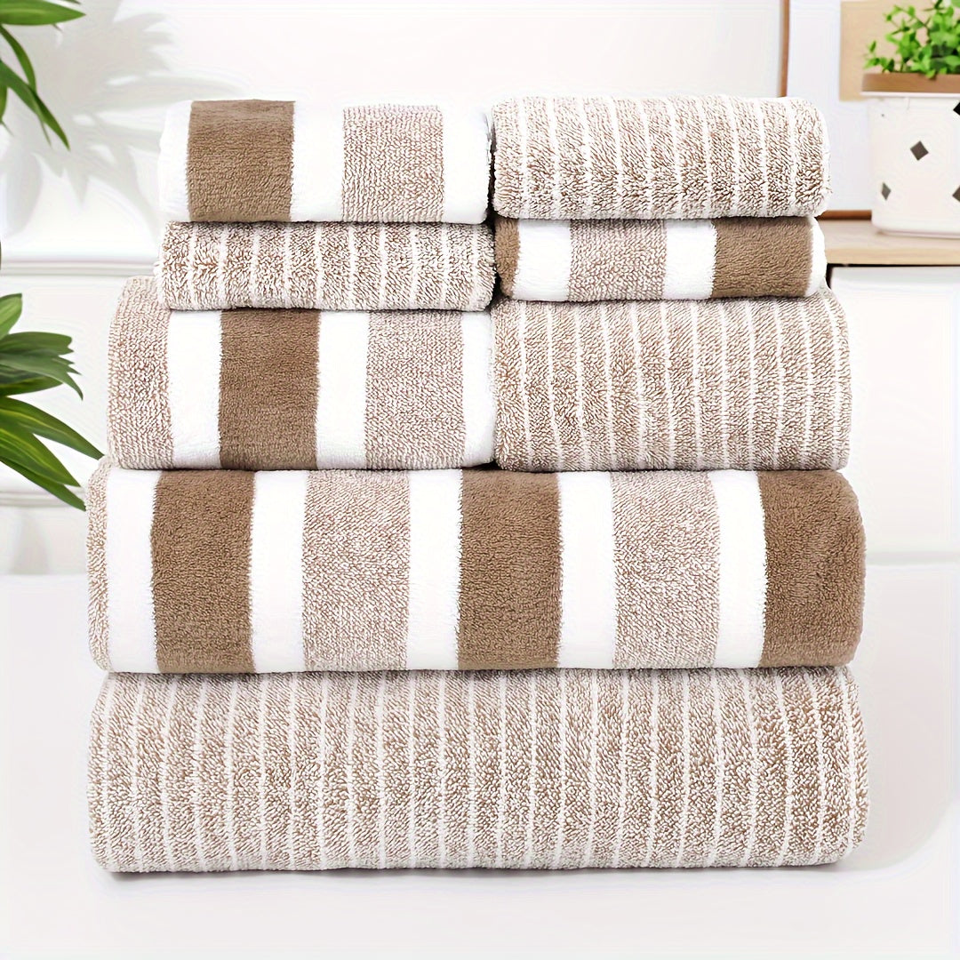 8-piece combination square towel bath set includes 4 square towels (30x30cm), 2 towels (35x75cm), and 2 large bath towels (70x140cm) in various colors and striped design. Highly absorbent, quick drying, and soft towels suitable for bathrooms, showers