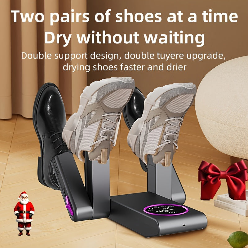 New for 2024: compact shoe dryer with timer, UV light, telescopic ports, and low noise. Includes rose salt box for bacteria removal. Ideal for snow boots, leather shoes, canvas shoes, and