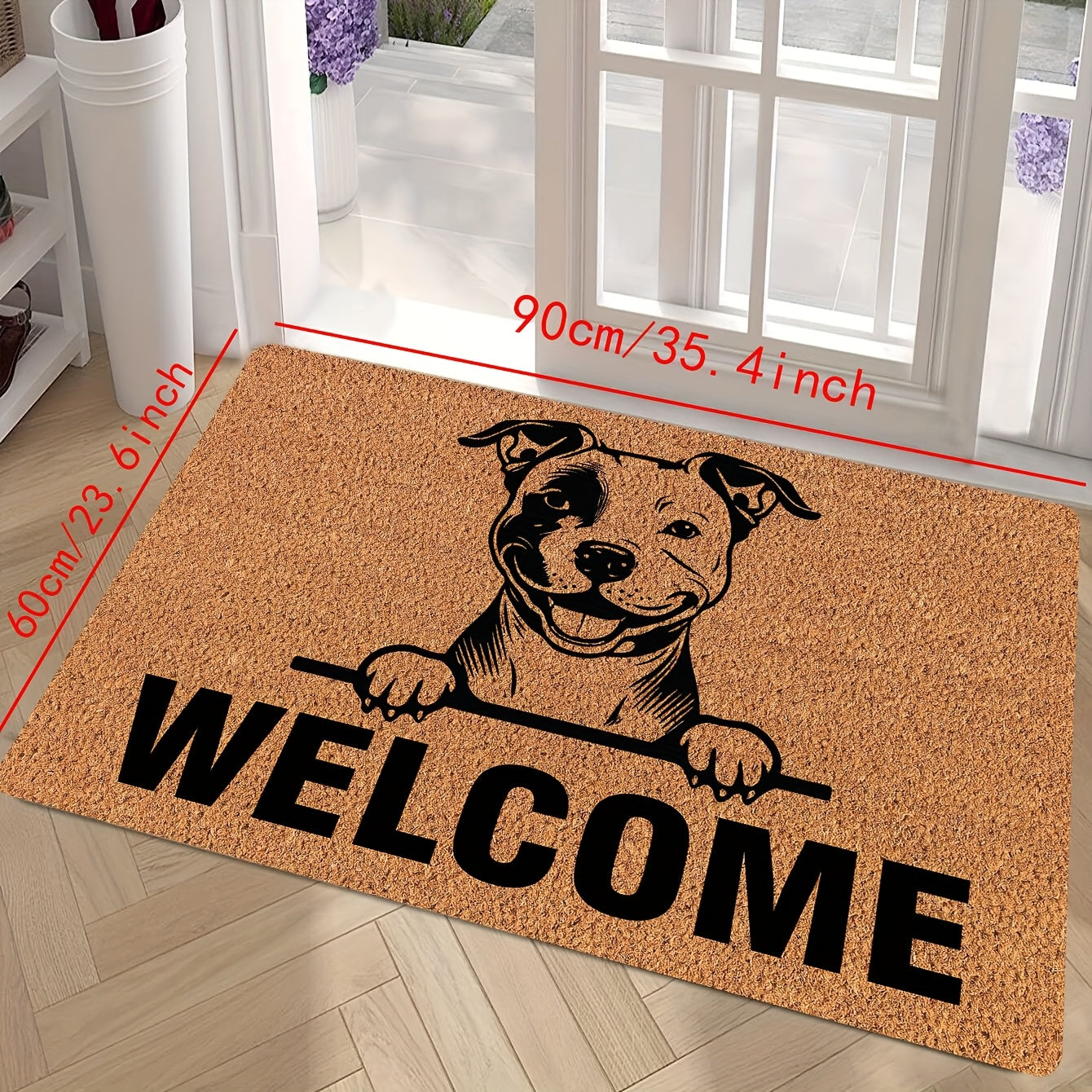 Durable Pit Bull Design Welcome Doormat - Stain-Resistant, Machine Washable, Low Pile Polyester Mat for Indoor/Outdoor Use - Easy to Clean Entrance Mat