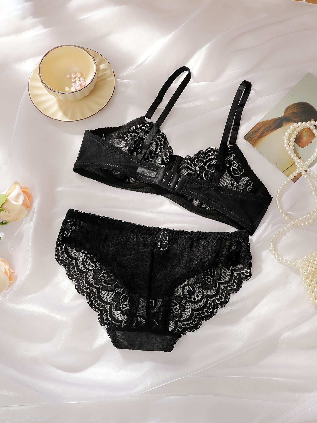 Sexy lace lingerie set for women, mid-rise bra and panties, adult intimate apparel made of 90% polyamide and 10% elastane.