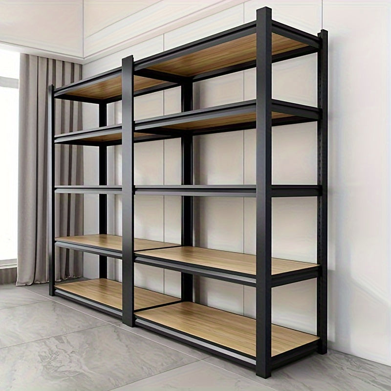 Adjustable heavy-duty storage shelf for various spaces: garage, warehouse, basement, pantry, car or food storage.