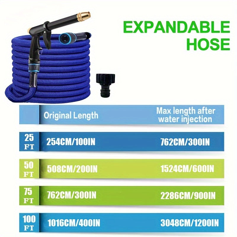 Telescopic car wash hose with high-pressure water gun, portable and durable for car and pet cleaning. 30.48 meters in length.