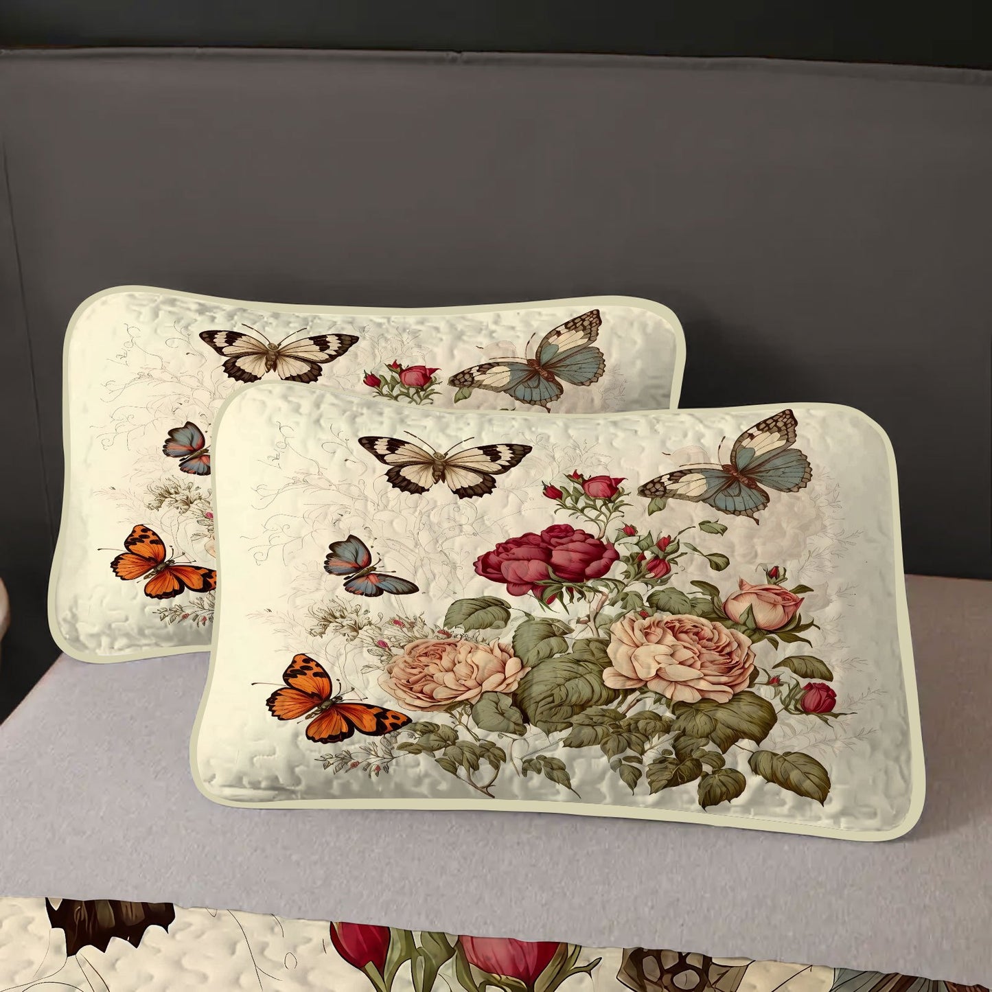 Rose & Butterfly Print Bedding Set - 3pcs Quilt Cover and Pillowcase Combo, Soft Polyester, Machine Washable - Ideal for Bedroom Decor