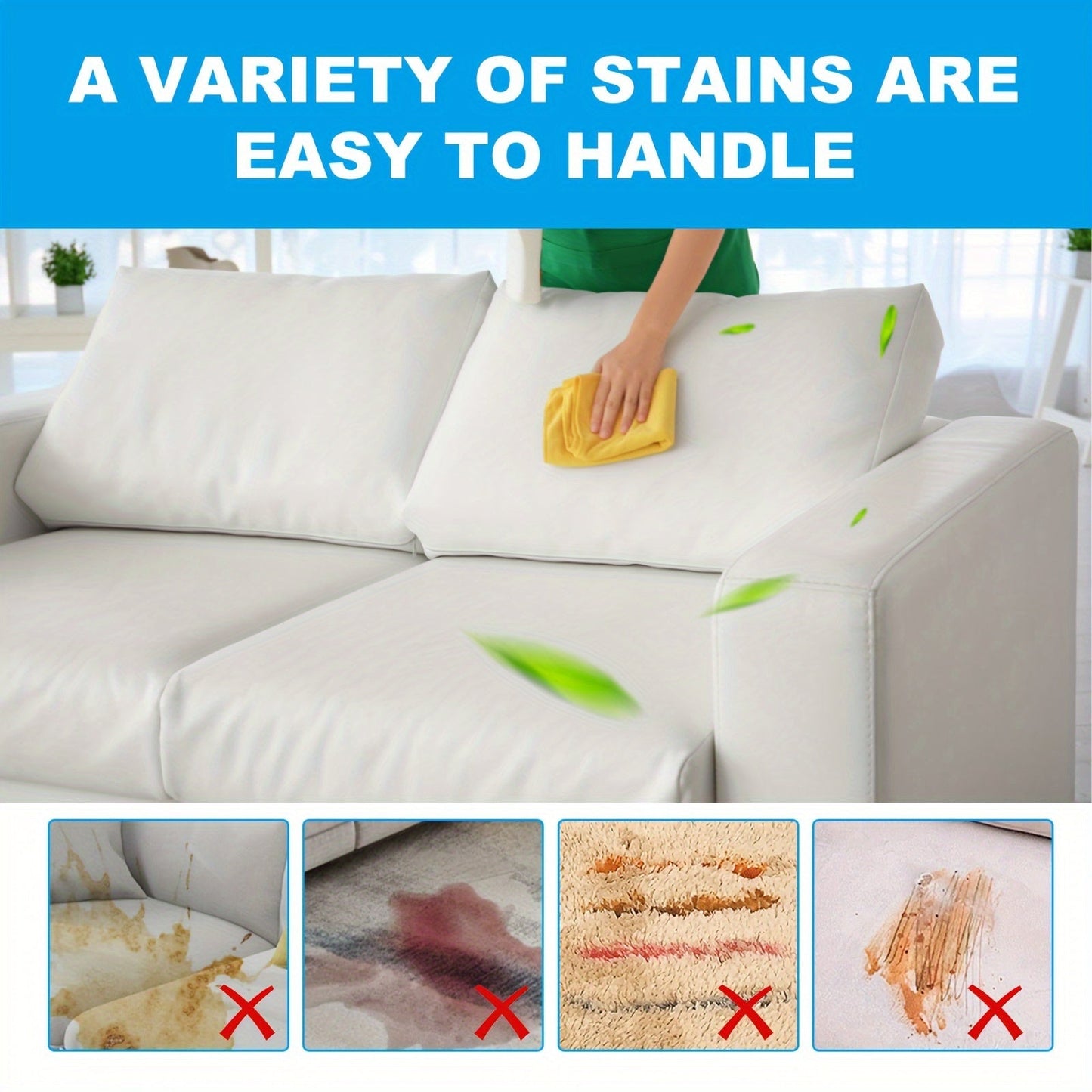 One piece of fabric cleaner tablets designed for sofas, carpets, and mattresses. Features a low odor, all-purpose citric acid formula for deep stain removal. Safe to use on all fabrics. Each tablet is 5g in size.