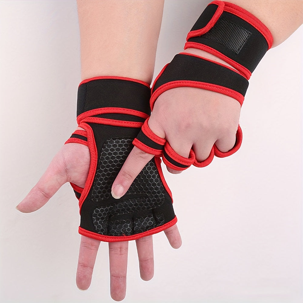 Half finger gym gloves with adjustable wrist support, ideal for pull-ups, barbell lifting and weightlifting. Made of breathable polyester fabric with hook-and-loop fastener closure in