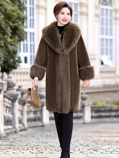 Plus Size Solid Faux Fur Coat, Elegant Outwear for Winter & Women's Plus Size Clothing